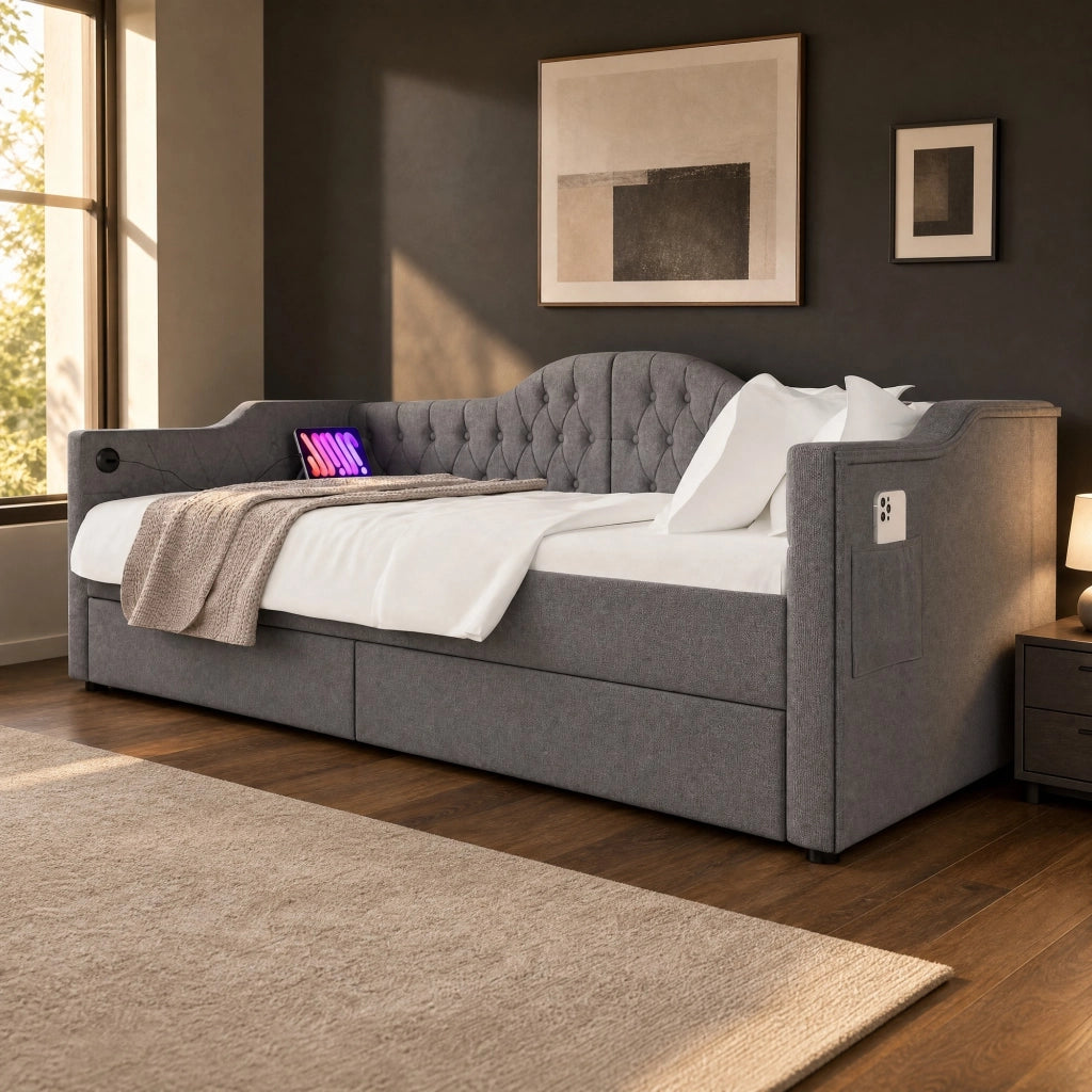 LETTO Daybed 90x200 cm in Lino Grigio con USB Type C e 2 cassetti