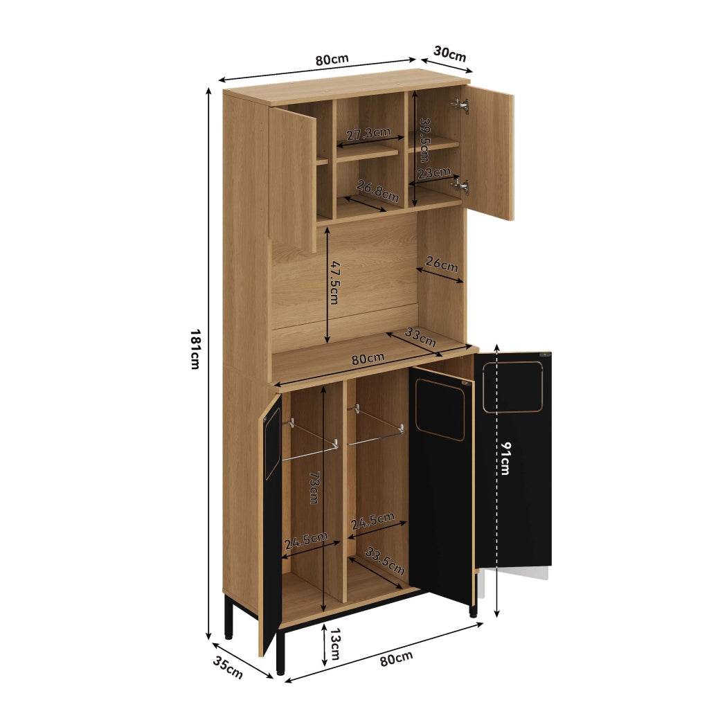 Mobile contenitore da cucina con 3 ante e 3 vani per raccolta differenziata, per cucina, in MDF, naturale, 80 × 35 × 181 cm