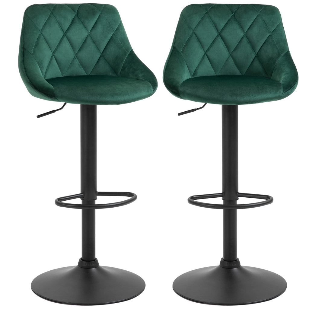 Set 2 Sgabelli Alti con Schienale e Poggiapiedi, Sgabelli da Cucina Regolabili in Velluto, Base in Metallo, 46x48x83-104 cm, Verde