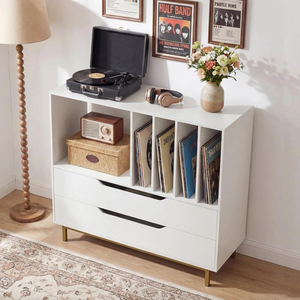 Mobile in vinile con scomparti aperti, 4 separatori, gambe metalliche e cassetti, mensola per dischi in legno per sala musica, soggiorno (bianco)