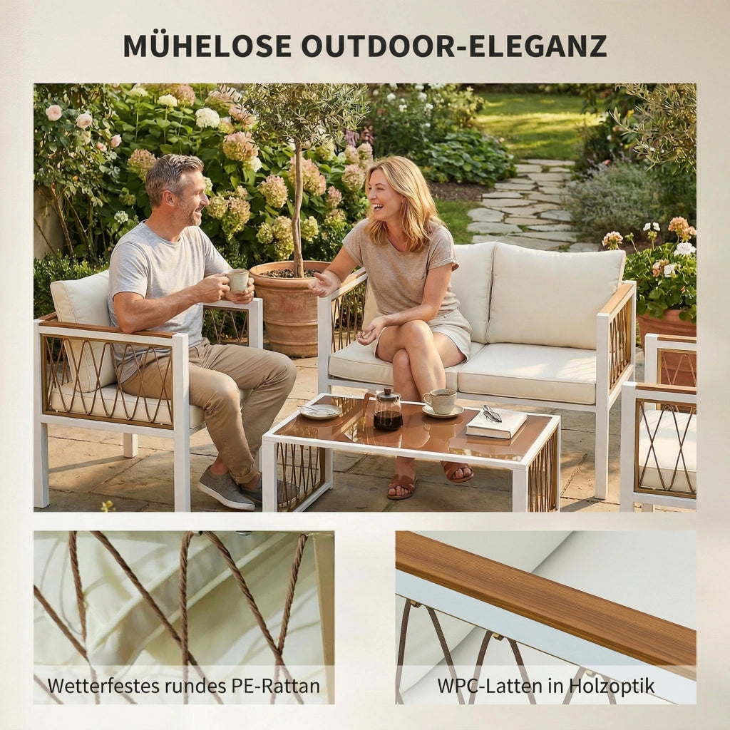 Set Lounge Giardino 4 Pezzi Polyrattan ¨C zephmum ¨C Grigio, Cuscini Rimovibili, Tavolino Vetro