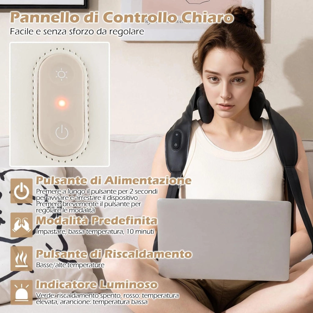 Massaggiatore Cervicale, Massaggiatore Shiatsu per Collo e Spalle, per Massaggio Profondo 4D con 2 Livelli di Calore, Funzione Timer, Massaggiante Portatile e Senza Fili