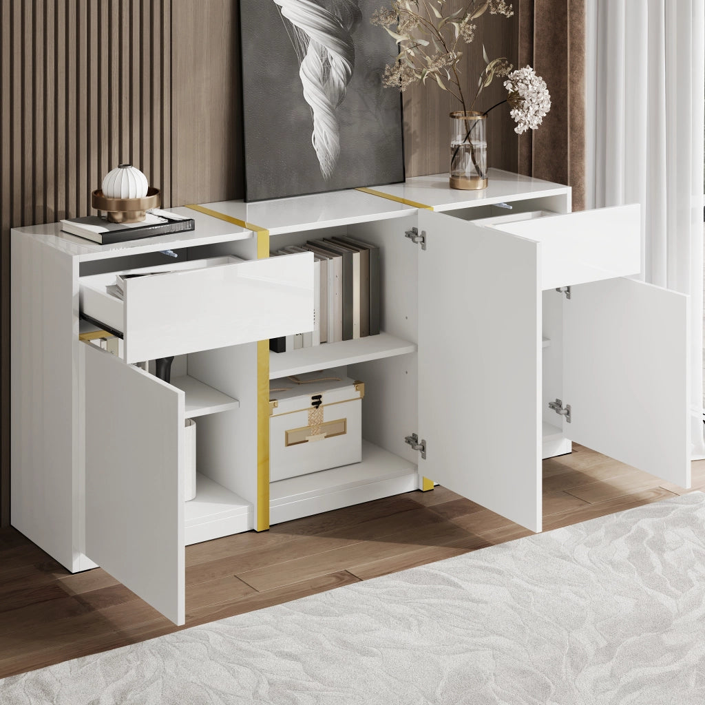 Credenza lucida, 3 ante e 2 cassetti, mobile da ingresso, finiture dorate, bianco