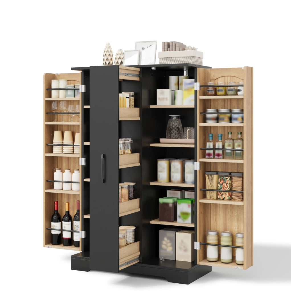 Credenza da cucina con portaspezie e cassetto estraibile a 4 livelli; MDF nero; 120 x 78 x 35 cm