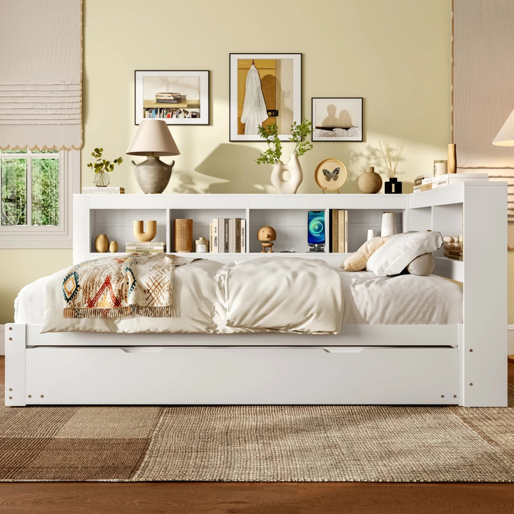 Letto estraibile matrimoniale 140×200 cm con prese e 2 USB; 2 cassetti; senza materasso; bianco
