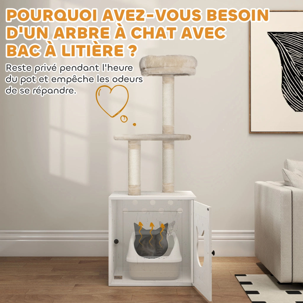 Tiragraffi per Gatti con Lettiera Nascosta ¨C Xylo ¨C 129 cm Crema 2-in-1