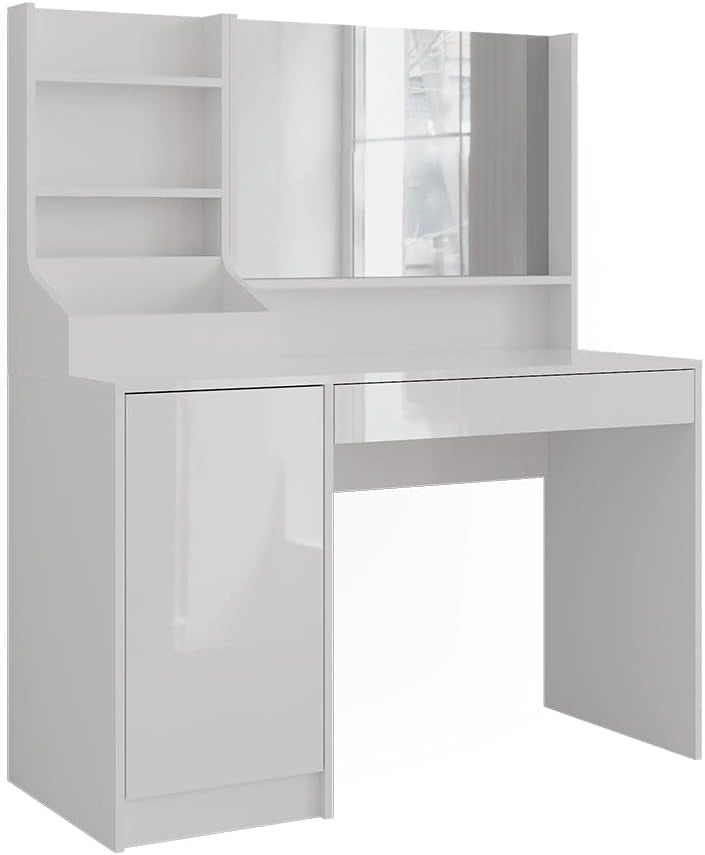 Tavolo da toeletta Sherry, Bianco/bianco lucido, 119.8 cm 3 parti, con specchio superiore per l'uso quotidiano e l'organizzazione