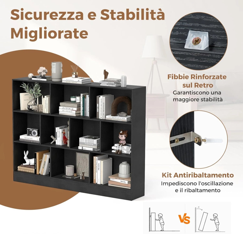 COSTWAT Libreria a 10 Cubi, Organizzatore di Stoccaggio a 3 Ripiani con 2 Kit Anti-Ribaltamento, Scaffale Multiuso in Legno per Soggiorno Camera da Letto Ufficio, 140x24x104 cm (Nero)