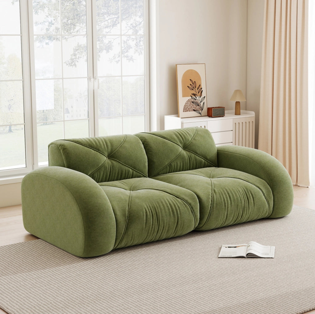 Divano modulare 2 posti verde in ciniglia; design senza telaio