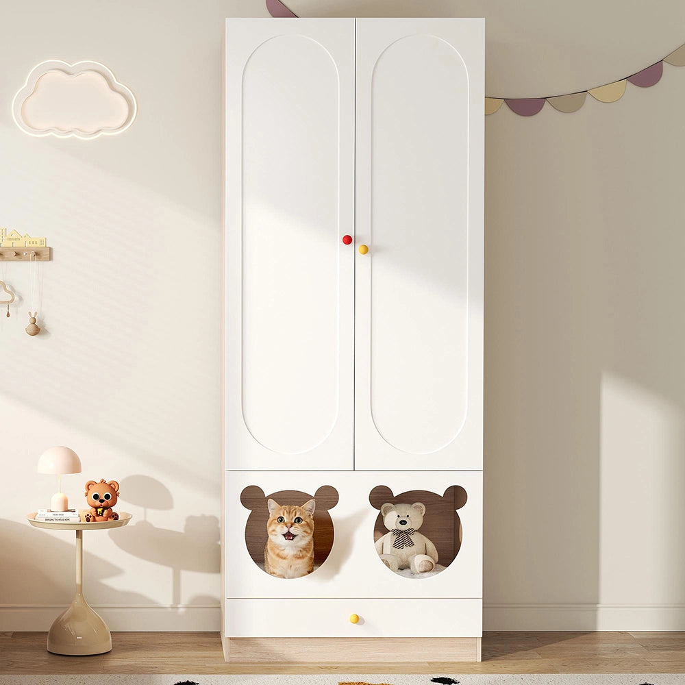 Armadio bambino con cuccia per gatto - Xylo - ante laccate, maniglie ceramica, 80x50x200 cm, bianco e naturale