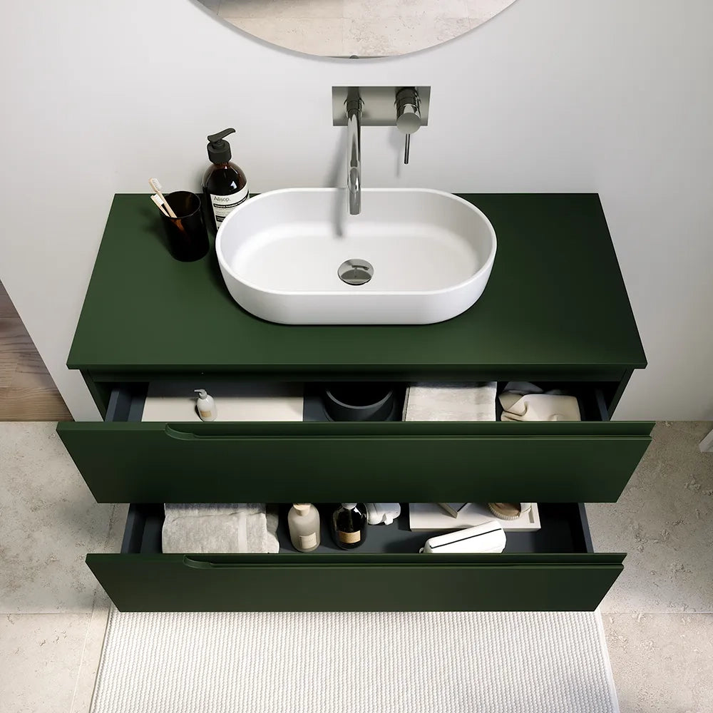 Mobile bagno sospeso 80 cm due cassetti verde foresta opaco con top | Ardenne