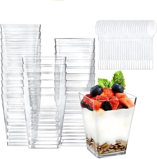 50 dessertglazen in vetro trasparente, quadrati, 160 ml, riutilizzabili, per Tiramisù, budino, mou e gelato, feste di compleanno, matrimoni, ristoranti