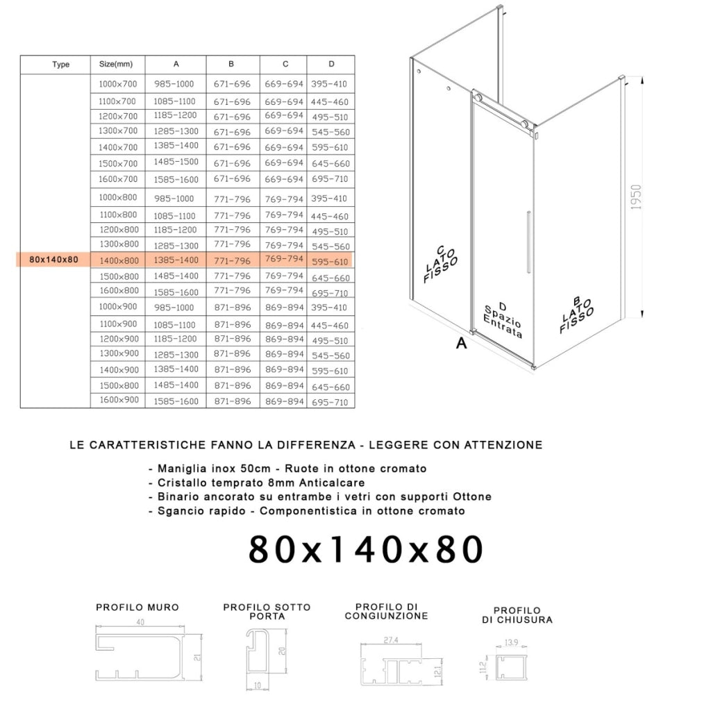 Box doccia tre lati porta scorrevole trasparente h195cm 8mm anticalcare euclide, misura 80x140x80