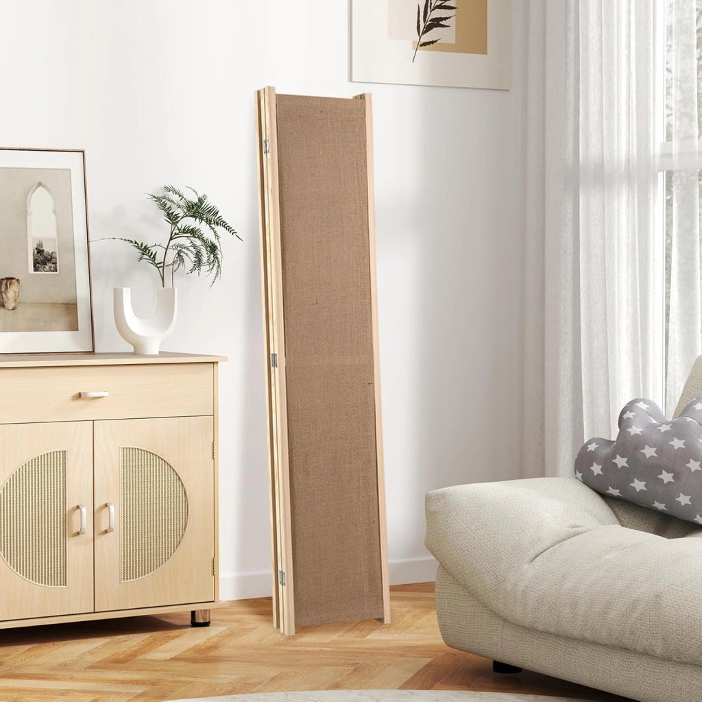 Paravento a 3 Pannelli, Divisorio in Finto Lino con Ganci e Tasche di Stoccaggio, Paravento Pieghevole con Tappetino Antiscivolo per Soggiorno, Ufficio, Naturale