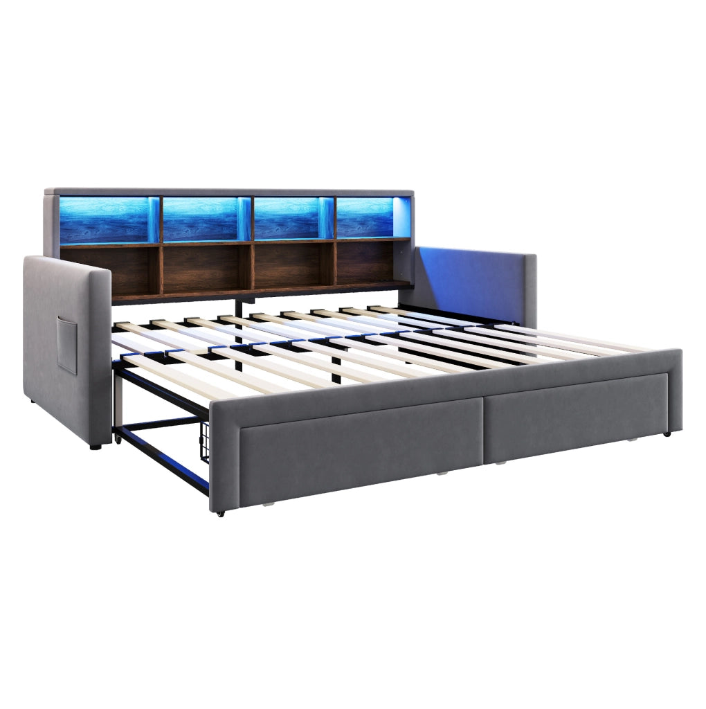 Letto imbottito estraibile ULEVR 90x190 cm, estensibile a 180 cm, LED, prese USB e Type-C, grigio