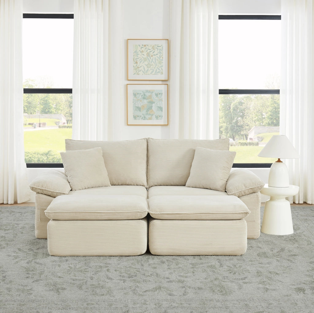 Divano da pavimento 2 posti beige in tessuto; con pouf mobile