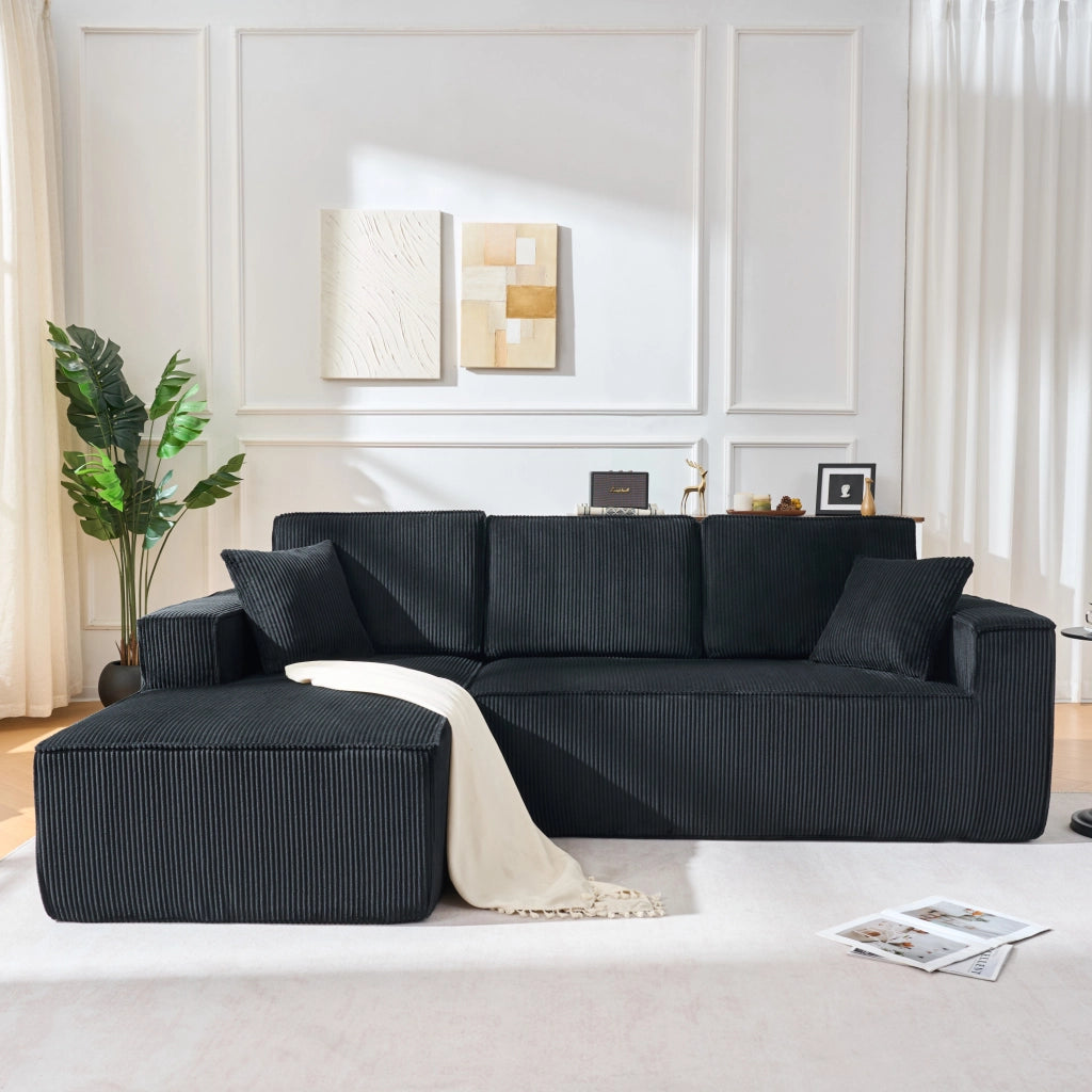 Sofa modulare a L con chaise longue; in velluto a coste nero; 235 x 128 x 60 cm