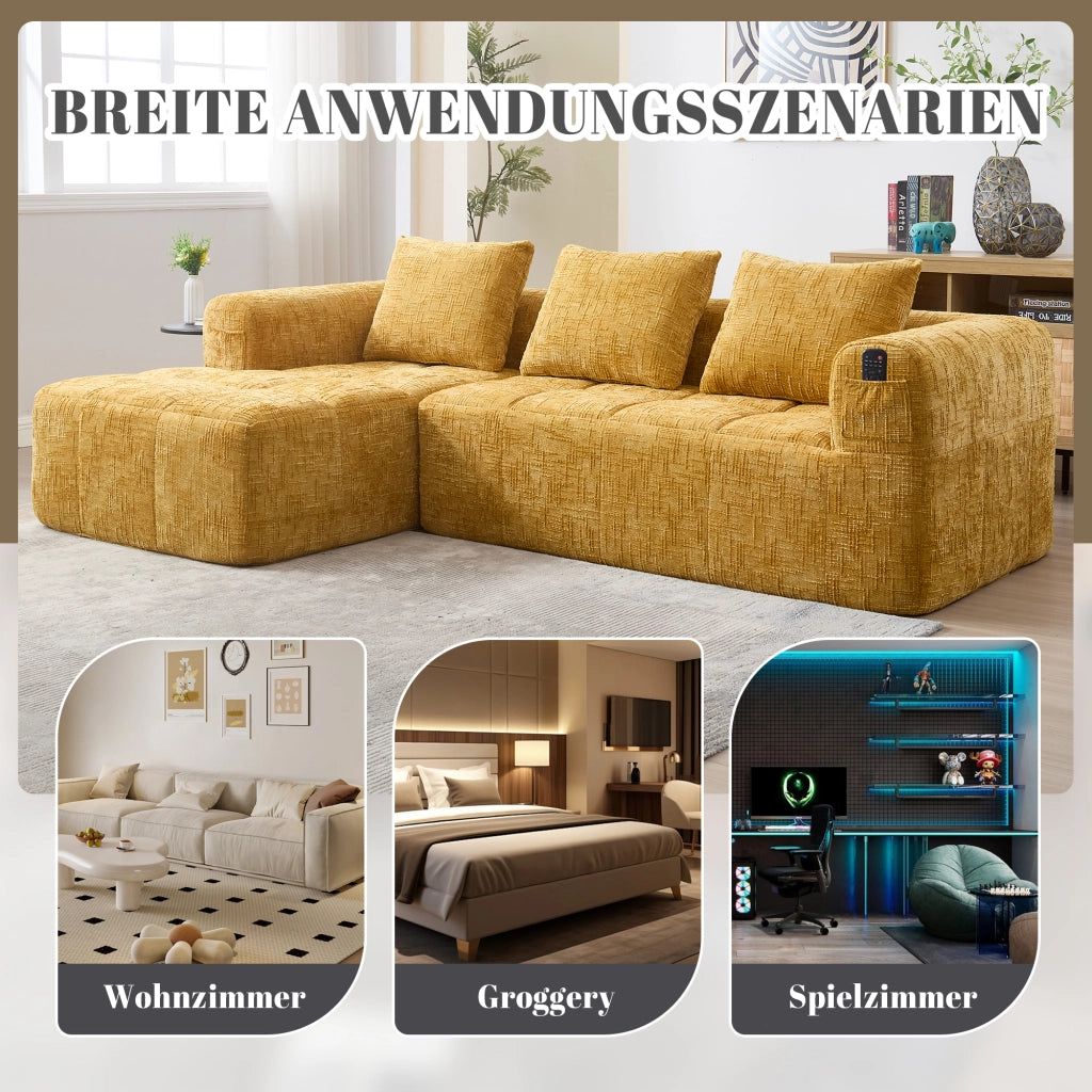 OKWISH Divano ad Angolo 3 Posti, Modulare con Chaise Longue e Tasche Laterali, Ciniglia, Giallo, 250 × 158 × 60 cm