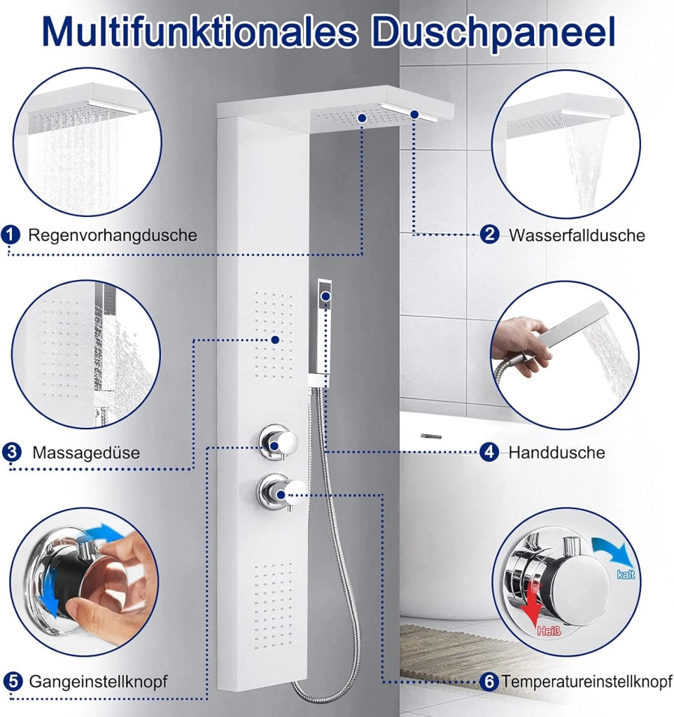Colonna Doccia Pannello Doccia Multifunzione 4 in 1 in Acciaio Inox 304 con Doccia a Pioggia Doccetta Doccia Idromassaggio Doccia a Cascata, Bianco