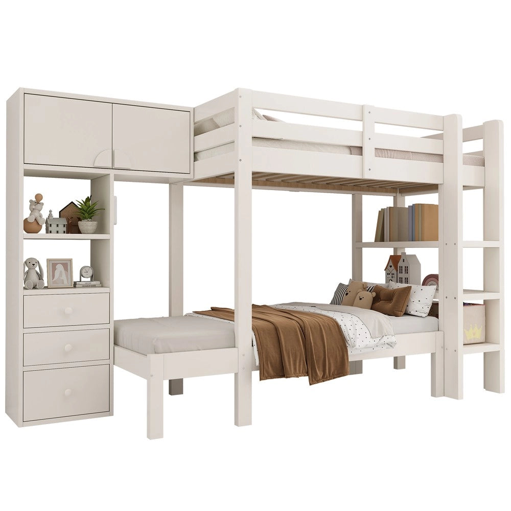 Letto a soppalco con cassetti ¨C Minimal ¨C 90x200 cm, bianco, con luce led e armadio