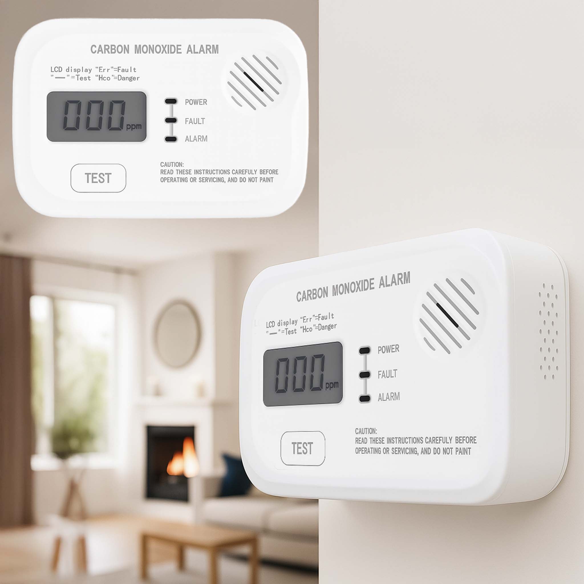 Set 2x Rilevatore monossido di carbonio con display 120 x 74 x 31 mm, allarme CO con batterie sostituibili incluse