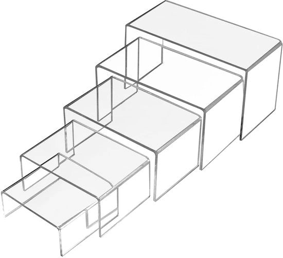 Pacchetto di 5 elevatori in acrilico per display di figurine, buffet, cupcake e stand per gioielli, trasparente, con pellicola protettiva
