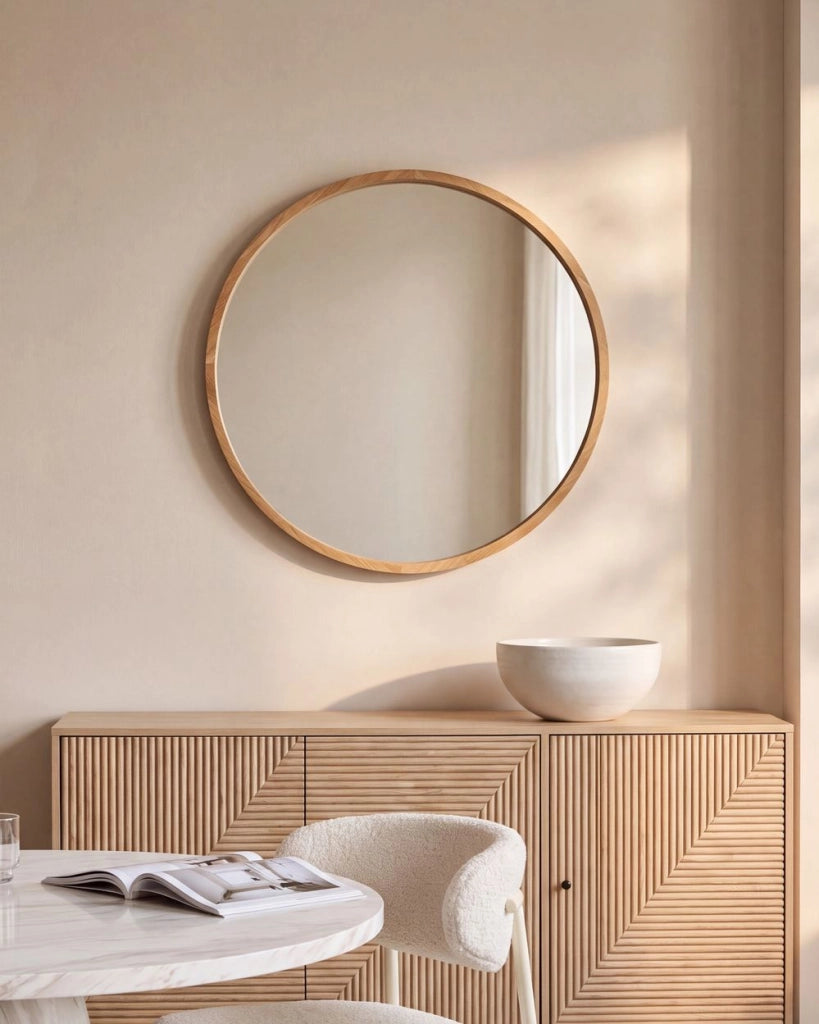 Specchio da Parete Marrone Chiaro con Cornice in Legno di Paulownia Forma Rotonda Stile Scandinavo Decorativo
