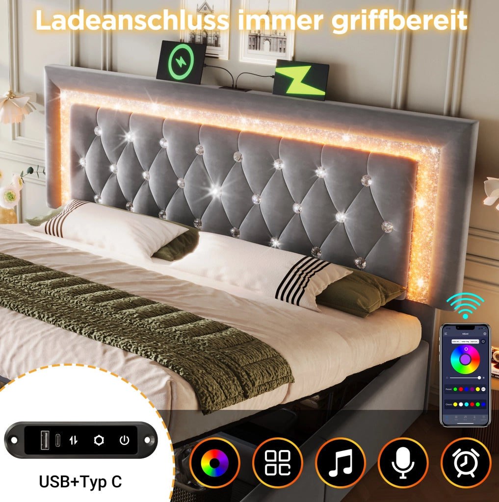 Letto matrimoniale 160x200 cm con contenitore idraulico; LED; USB e USB-C in velluto grigio