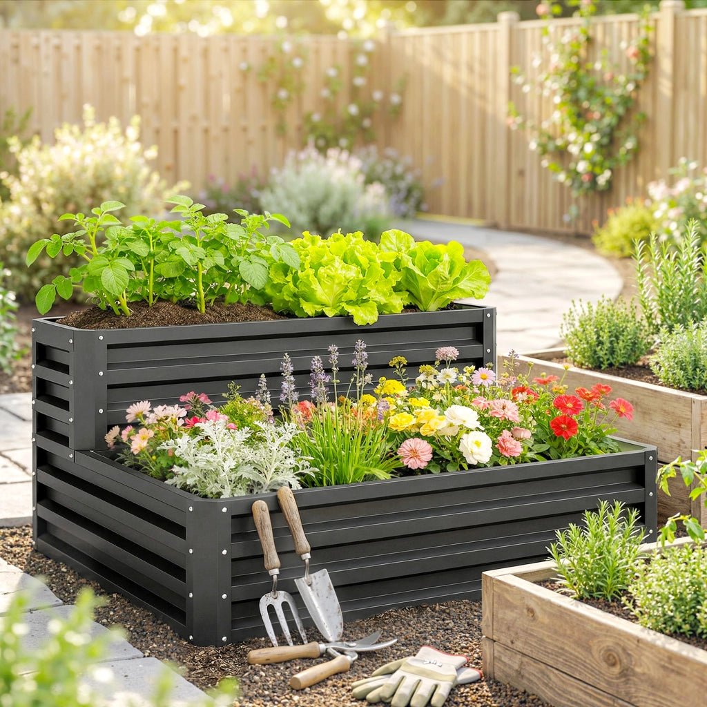 Letto da giardino a due livelli per orto ¨C zephmum ¨C grigio scuro 120x101x58 cm