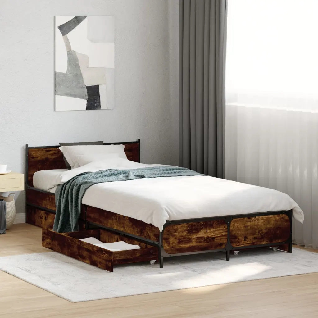 Letto singolo | Letto per adulti | Giroletto con Cassetti Rovere Fumo 75x190 cm Legno Multistrato
