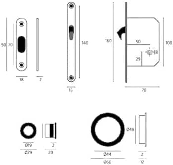 Kit serratura per porta scorrevole con nottolino quadro cromo satinato