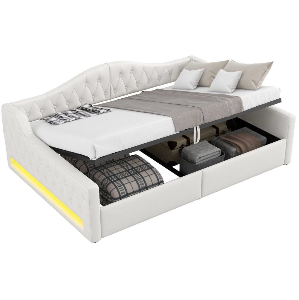 Letto 140x200 cm con LED e contenitore in MDF e compensato beige