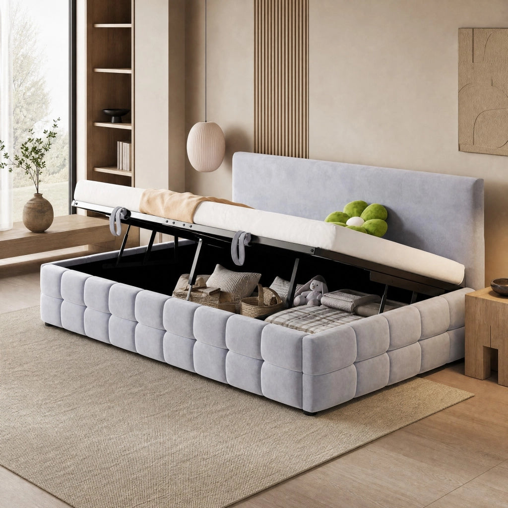 Letto imbottito 90x200 cm con contenitore idraulico, schienale senza braccioli, velluto grigio chiaro