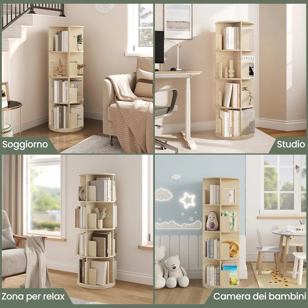 Libreria Rotante, Libreria Angolare a 4 Livelli 16 Scomparti, Scaffale Autoportante per Soggiorno, Camera da Letto, Ufficio, Studio, in Legno, Rovere Chiaro
