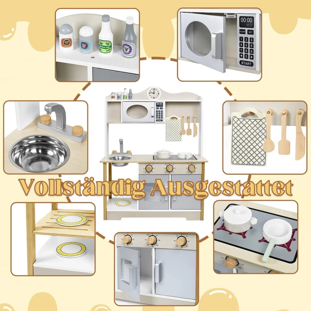 Cucina giocattolo per bambini in legno con piano cottura, forno a microonde, rubinetto, lavandino e accessori da cucina, giocattolo per bambini a partire dai 3 anni, 65 x 24 x 85 cm
