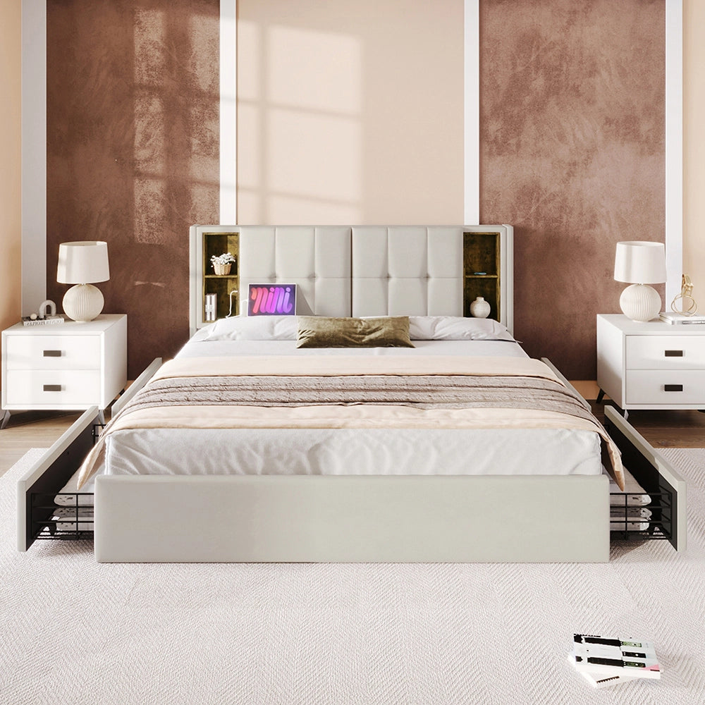 Letto imbottito 160x200 - Xylo - Beige, 4 cassetti, ricarica USB wireless