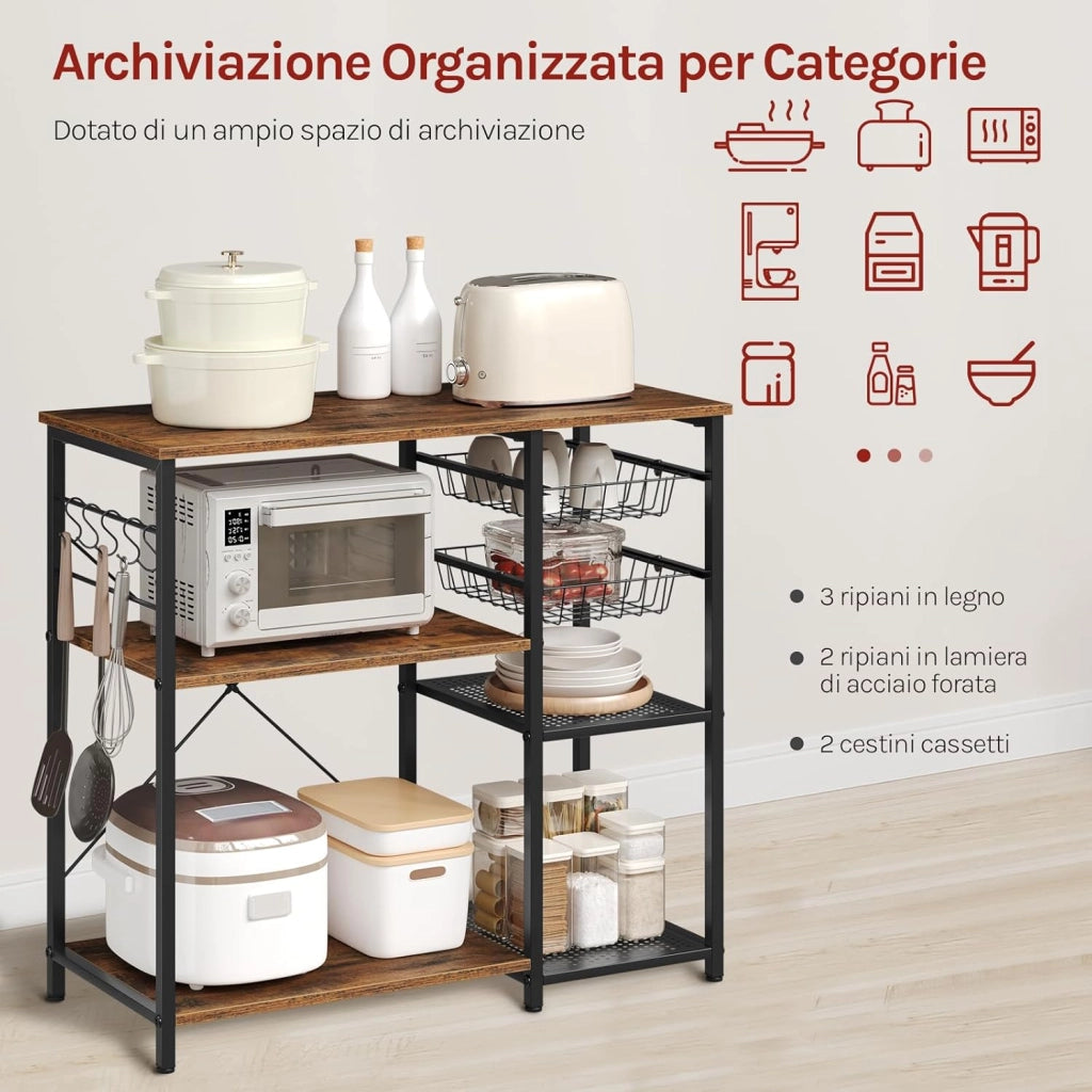 Scaffale da Cucina con 2 Cestelli Estraibili, Supporto per Microonde con 2 Ripiani in Rete Metallica, Scaffalatura Portaoggetti con 5 Ganci, 90x40x82 cm, Marrone Rustico + Nero