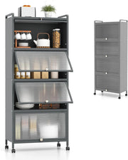 Mobile Dispensa Cucina a 5 Livelli, Mensola Microonde con Anta a Vista, Ruote, Dispositivo Antiribaltamento, Scaffale da Cucina in Ferro per Soggiorno, Sala da Pranzo, 60x32x154cm (Grigio)