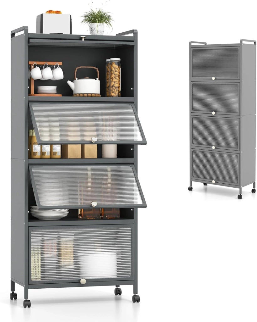 Mobile Dispensa Cucina a 5 Livelli, Mensola Microonde con Anta a Vista, Ruote, Dispositivo Antiribaltamento, Scaffale da Cucina in Ferro per Soggiorno, Sala da Pranzo, 60x32x154cm (Grigio)