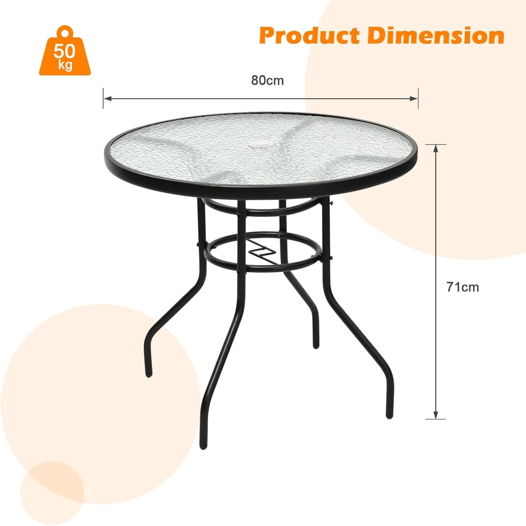 Tavolo da giardino rotondo φ80 cm, tavolo da bistrot in metallo e vetro, tavolo da balcone con foro per portaombrelli, tavolino da caffè in vetro, resistente alle intemperie, per interni ed