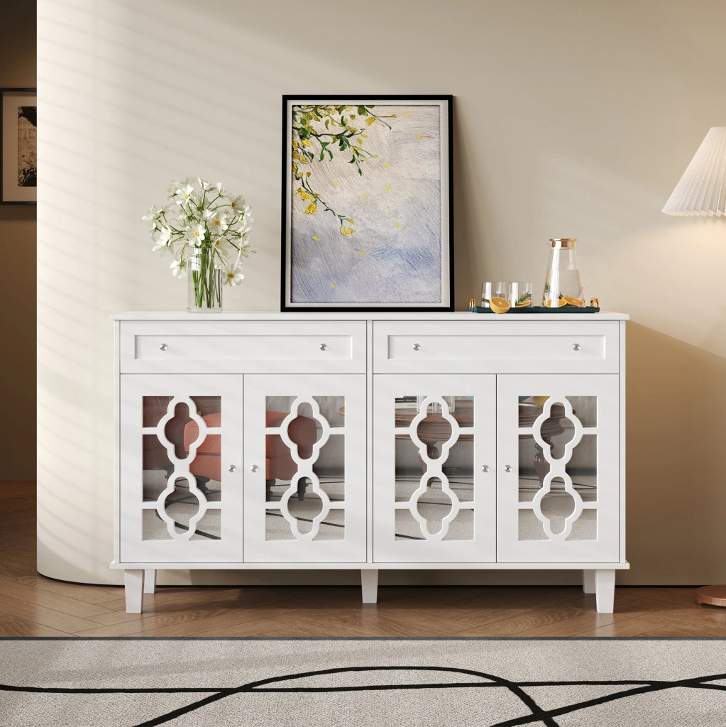 Credenza 140x40x83 cm con 4 ante a specchio; cassetti e ripiano regolabile; MDF bianco