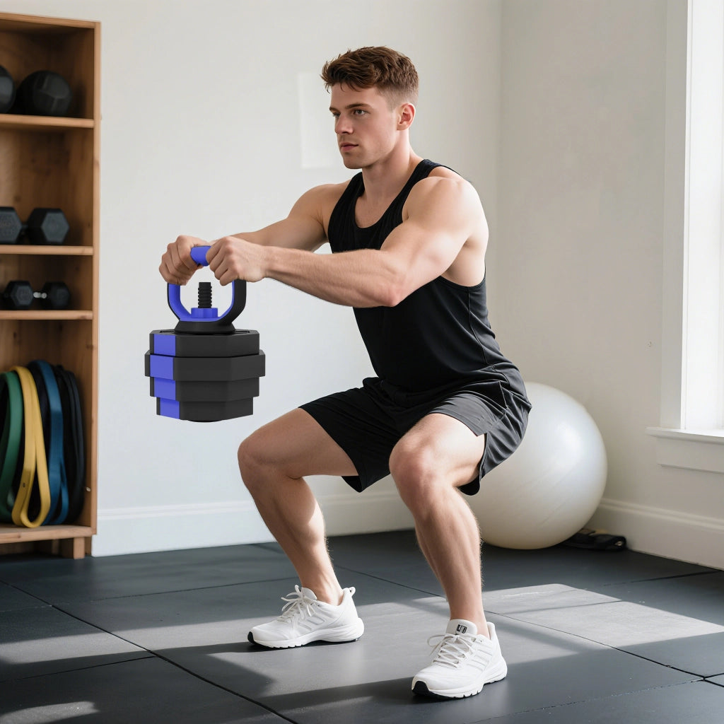 Set Pesi da Palestra 6 in 1 Utilizzabile come Kettlebell Manubri Bilanciere Supporto in Plastica e Sabbia Blu