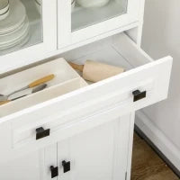 Credenza da Cucina Alta con 2 Armadietti e Cassetto, Ante a Vetri e Ripiani Regolabili, 60x30x160cm, Bianco