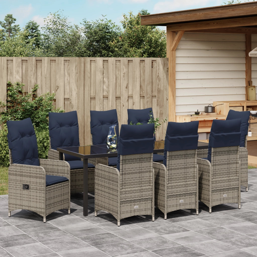 Set da Pranzo da Giardino 9 Pezzi con Cuscini Nero Polyrattan