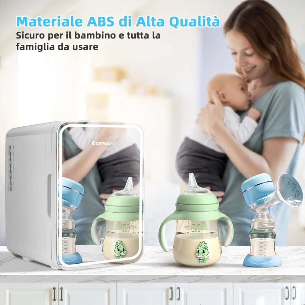 10 L Mini Frigo Portatile 220 V AC/12 V DC con Specchio LED per Prodotti di Bellezza, Bevande, Frigo Termostatico e Riscaldamento per Auto, 23 x 28 x 34 cm