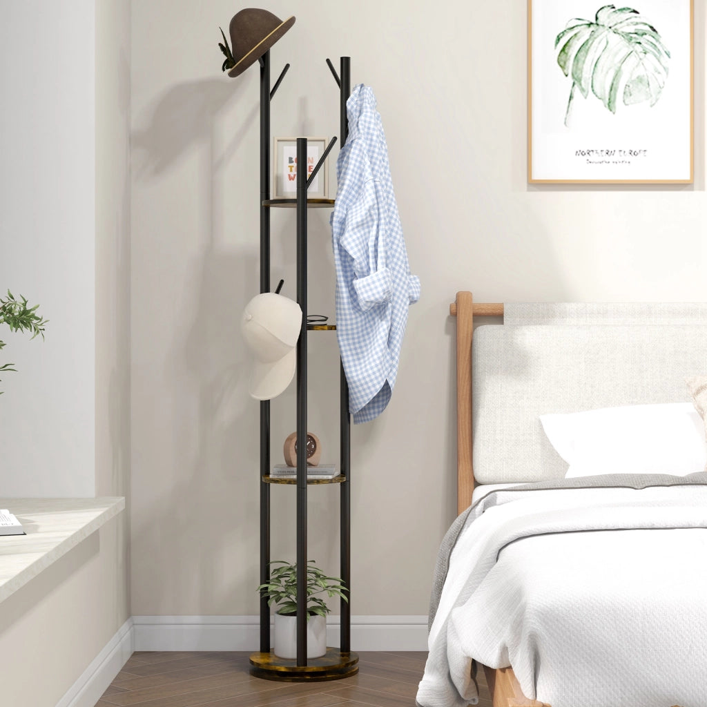 Appendiabiti da Terra Girevole con 8 Ganci e 4 Mensole in Stile Industriale, ?30x175cm, Marrone