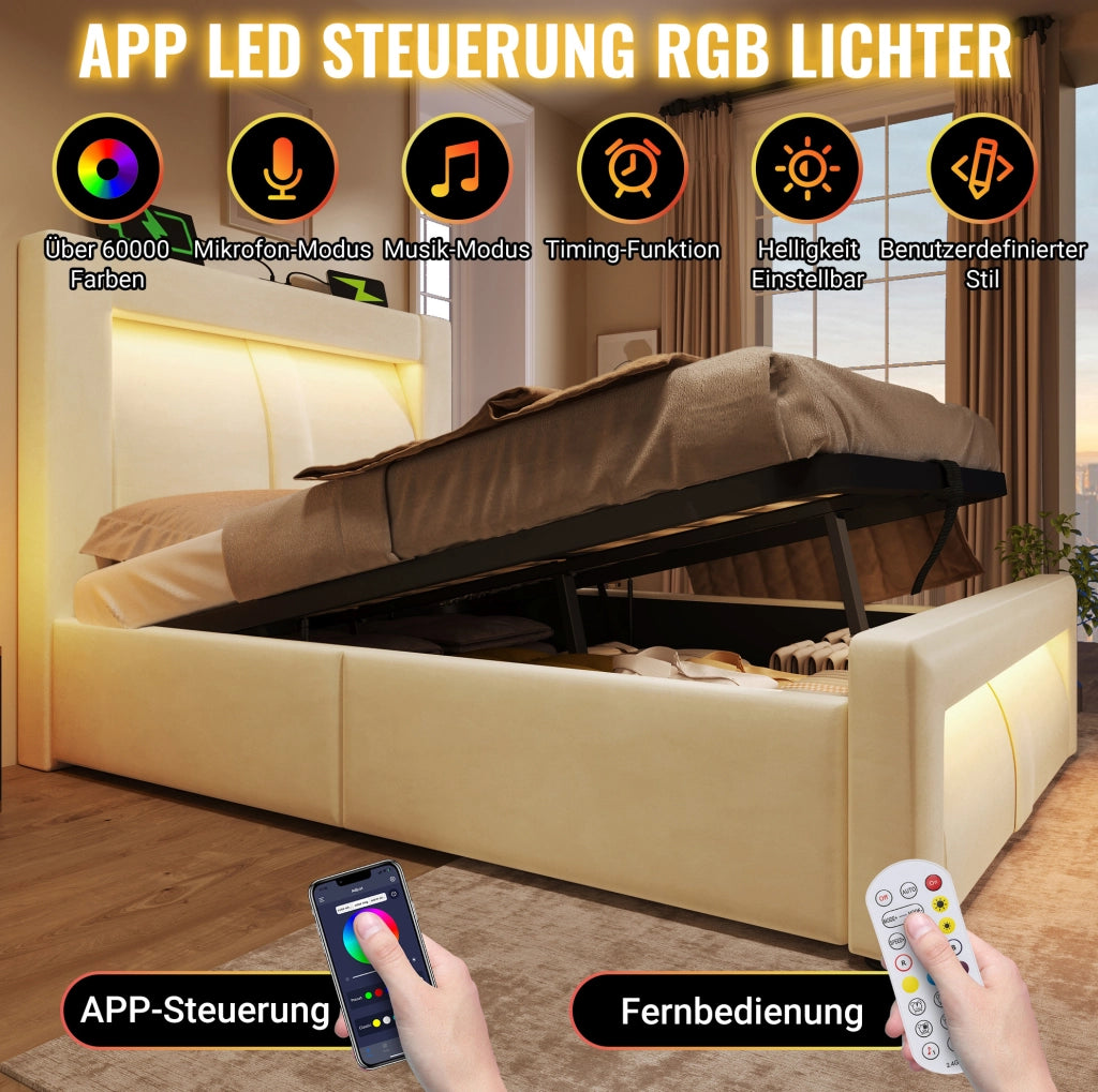 Letto matrimoniale 140x200 con contenitore LED USB-C beige