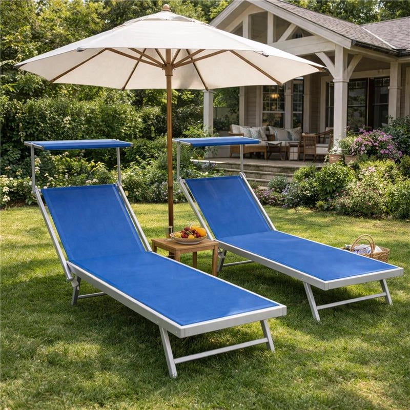 LETTINO RIMINI PRENDISOLE IN ALLUMINIIO CON PARASOLE PIEGHEVOLE 61X183/189X38H CM , COLORE BLU