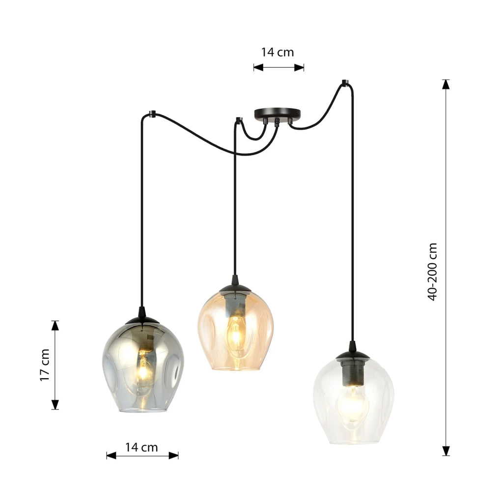 Sospensione 3 Luci Parsifal In Acciaio Nero E Vetro Multicolor Con Cavi Lunghi