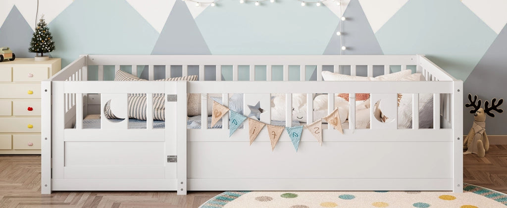 DESMIU Letto per bambini 90 × 190 cm con spondine di sicurezza e decorazione luna e stelle, senza materasso, bianco